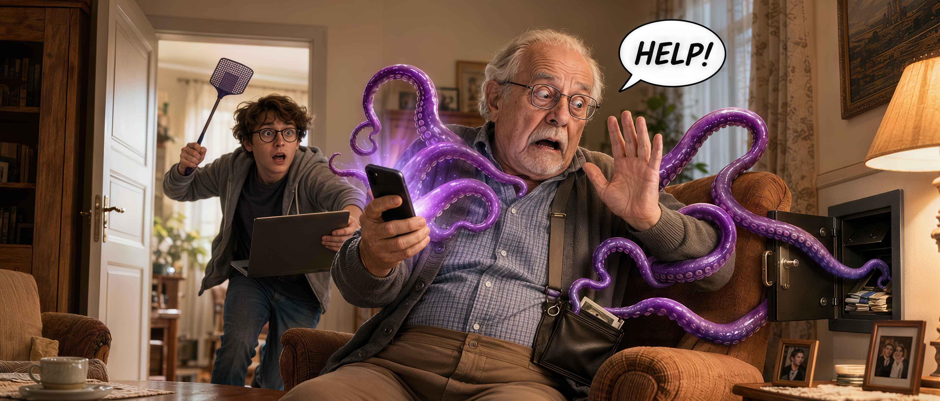 Comic illustration of a senior surprised by a risky phone problem while a caregiver rushes in to help