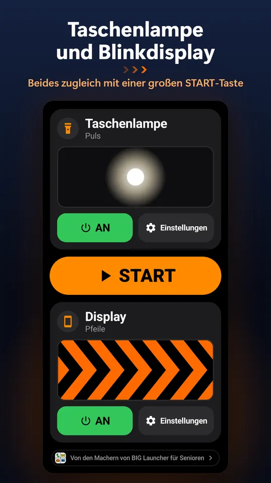 Taschenlampe und Blinkdisplay – Beides zugleich mit einer großen START-Taste