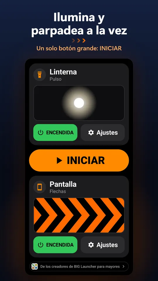 Ilumina y parpadea a la vez – Un solo botón grande: INICIAR