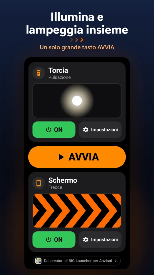 Illumina e lampeggia insieme – Un solo grande tasto AVVIA