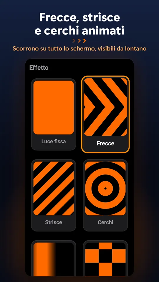 Frecce, strisce e cerchi animati – Scorrono su tutto lo schermo, visibili da lontano