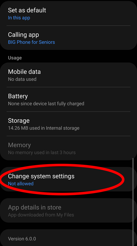 Android app settings screen with Change system settings highlighted